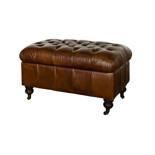 Chesterfield Aged Full Grain Leather Ottoman - Brown